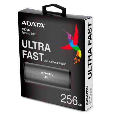 Твердотельный накопитель ADATA External SSD SE760, 256GB, Type-C, USB 3.2 Gen2, R/W 1000/800 MB/s, 122x44x14mm, Titan-Gray (3 года)