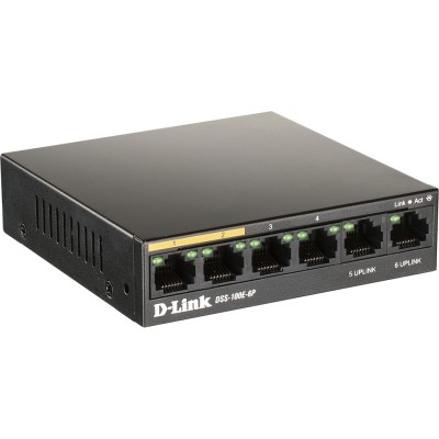 Коммутатор DSS-100E-6P Unmanaged Surveillance Switch 6x100Base-TX (4x100Base-TX PoE) D-Link